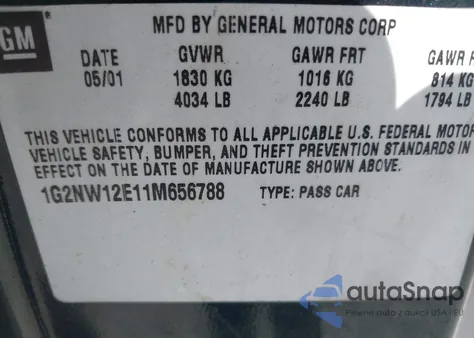 2001 Pontiac Grand Am Gt z USA, uszkodzony, nr VIN 1G2NW12E11M656788